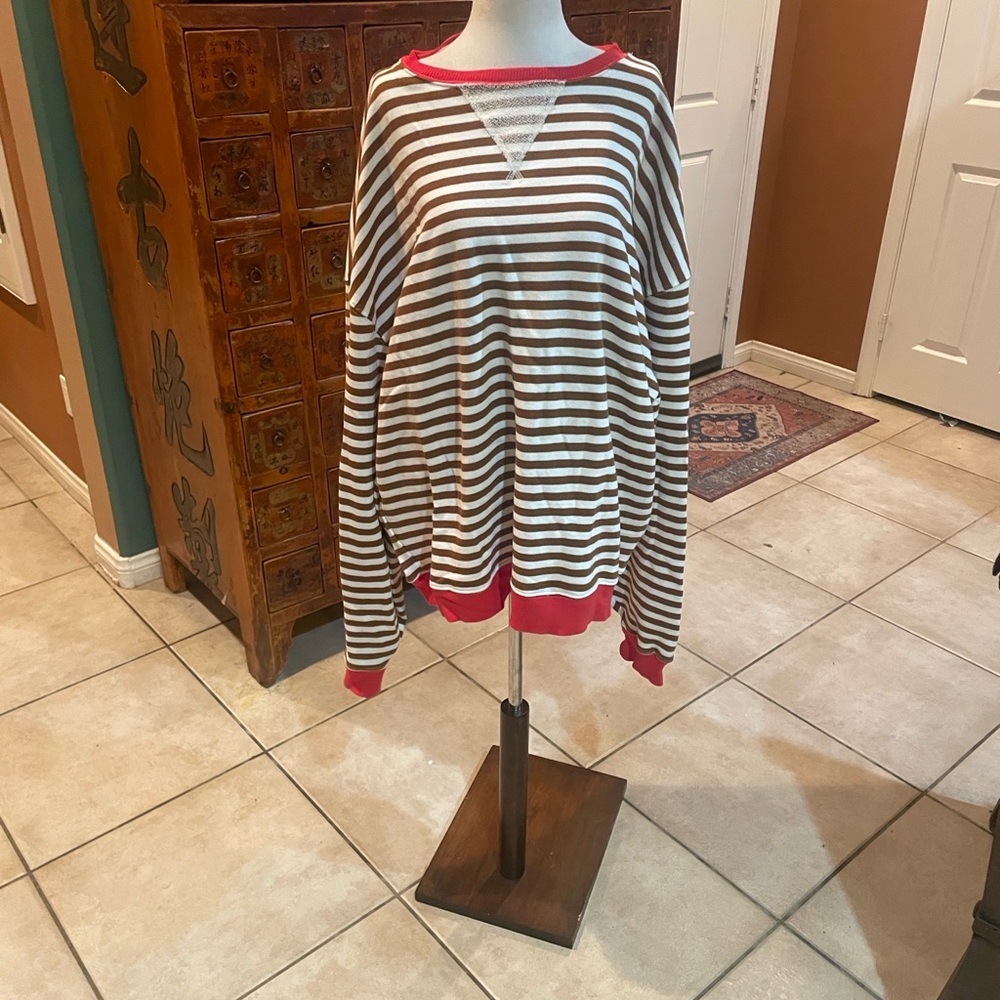 We The Free Striped Long Sleeve Sweat Shirt with Brown and Cream Stripes